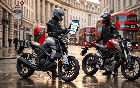 Two popular 125cc motorbikes parked in a UK city street with a rider checking cheap insurance quotes on a mobile phone.